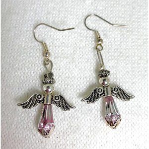 Boho Silver Tone Angel Dangle Earrings with Pink Tone - 2"